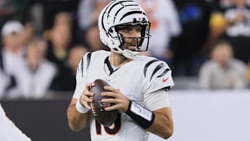 Oct 16, 2025; Cincinnati, Ohio, USA; Cincinnati Bengals quarterback Joe Flacco (16) looks to throw the ball against the Pittsburgh Steelers during the first quarter at Paycor Stadium. Mandatory Credit: Katie Stratman-Imagn Images