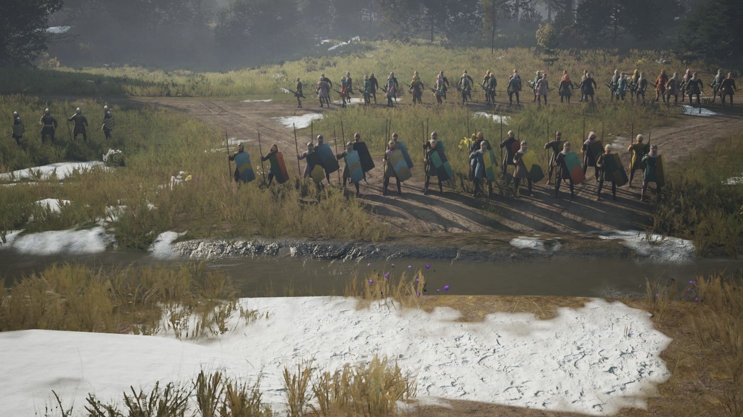 Manor Lords screenshot of troops waiting at a small river.