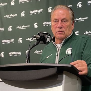 Michigan State head coach Tom Izzo speaks to the media following an 80-69 victory over Colgate on Nov. 3, 2025.