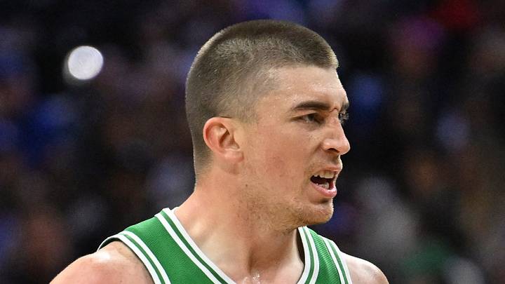 Apr 26, 2026; Philadelphia, Pennsylvania, USA; Boston Celtics guard Payton Pritchard (11) reacts after making a three point basket before the buzzer at the end of the first quarter against the Philadelphia 76ers at Xfinity Mobile Arena. Mandatory Credit: Eric Hartline-Imagn Images