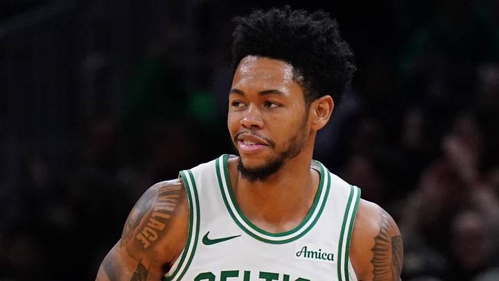 Oct 29, 2025; Boston, Massachusetts, USA; Boston Celtics guard Anfernee Simons (4) reacts after his three point basket against the Cleveland Cavaliers in the second half at TD Garden. Mandatory Credit: David Butler II-Imagn Images