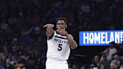 Nov 26, 2025; Oklahoma City, Oklahoma, USA;Minnesota Timberwolves guard Anthony Edwards (5) gestures after scoring against the Oklahoma City Thunder during the second half at Paycom Center. Mandatory Credit: Alonzo Adams-Imagn Images