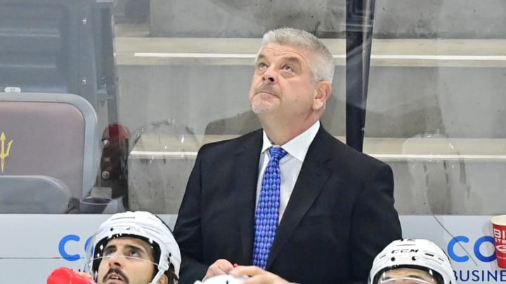 Nov 20, 2023; Tempe, Arizona, USA; Los Angeles Kings head coach Todd McLellan looks on in the first period against the Arizona Coyotes at Mullett Arena. Mandatory Credit: Matt Kartozian-USA TODAY Sports