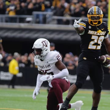 Nov 8, 2025; Columbia, Missouri, USA; Missouri Tigers running back Ahmad Hardy celebrates a rush in the Missouri matchup against Texas A&M at Faurot Field.
