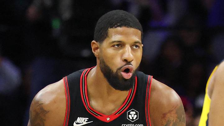 Dec 12, 2025; Philadelphia, Pennsylvania, USA; Philadelphia 76ers forward Paul George (8) reacts to his three pointer against the Indiana Pacers during the third quarter at Xfinity Mobile Arena. Mandatory Credit: Bill Streicher-Imagn Images