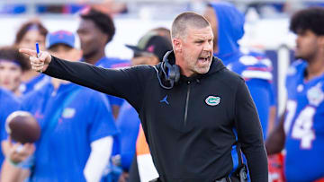 Florida Gators head coach Billy Napier has words with an official during the first half at Raymond James Stadium in Tampa, FL on Friday, December 20, 2024 in the 2024 Union Home Mortgage Gasparilla Bowl. [Doug Engle/Gainesville Sun]