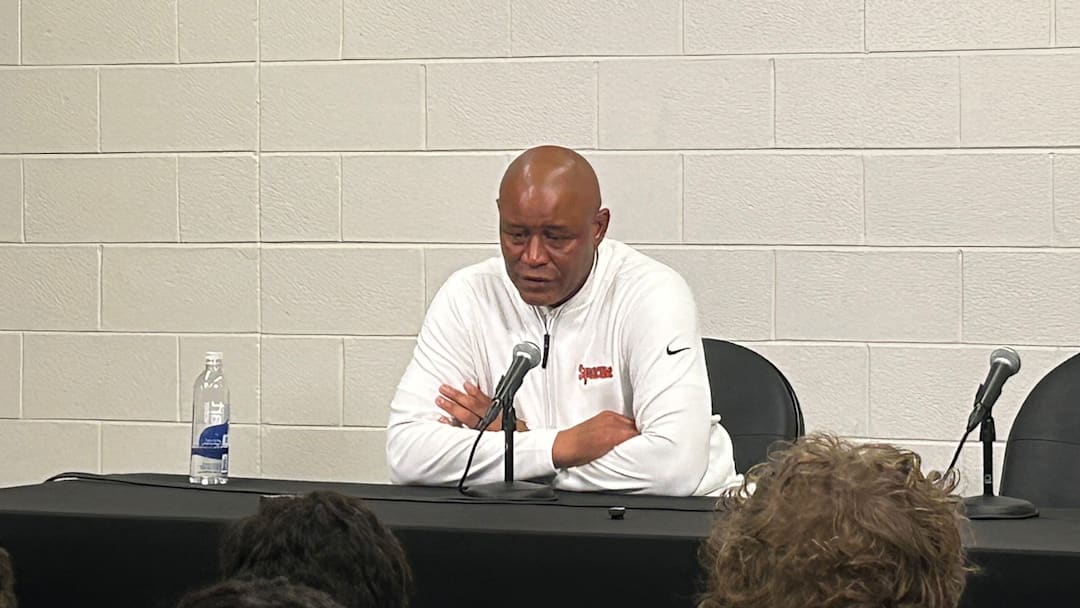 Nov 15, 2025; Philadelphia, Pennsylvania, USA; Syracuse Orange head coach Adrian Autry speaks to the media after Syracuse defeated Drexel. 