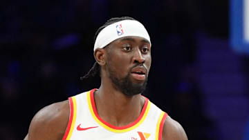 Apr 11, 2025; Philadelphia, Pennsylvania, USA; Atlanta Hawks guard Caris LeVert (3) controls the ball against the Philadelphia 76ers in the second quarter at Wells Fargo Center. Mandatory Credit: Kyle Ross-Imagn Images
