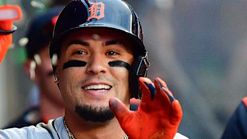 Detroit Tigers center fielder Javier Baez (28) is greeted after hitting a solo home run