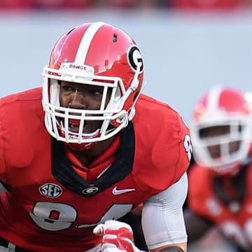 Sep 19, 2015; Athens, GA, USA; Georgia Bulldogs linebacker Leonard Floyd (84) rushes the passer against the South Carolina Gamecocks during the first half at Sanford Stadium. Georgia defeated South Carolina 52-20. Mandatory Credit: Dale Zanine-Imagn Images