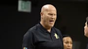 Oregon head coach Kelly Graves reacts to a call as the Oregon Ducks host the Auburn Tigers Wednesday, Nov. 20, 2024 at Matthew Knight Arena in Eugene, Ore.