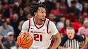 DJ Wagner handles the ball against the Maryland Eastern Shore Hawks. The Razorbacks won 109-35.