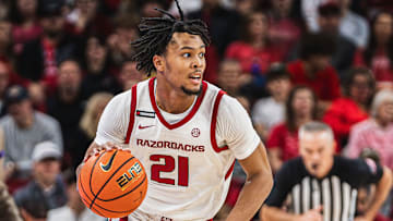 DJ Wagner handles the ball against the Maryland Eastern Shore Hawks. The Razorbacks won 109-35.