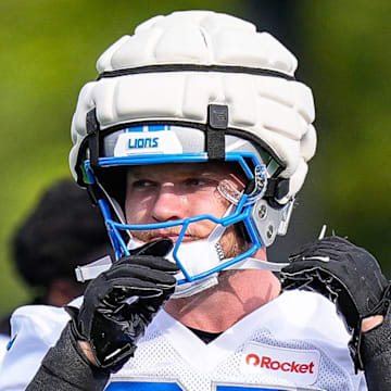 Detroit Lions defensive end Aidan Hutchinson (97) practices during training camp at team's Allen Park Performance Center
