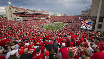 Memorial Stadium during pregame for Nebraska vs. Akron in 2018. The game was halted for lightning and eventually canceled.