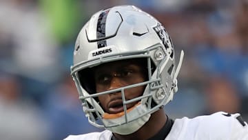Nov 30, 2025; Inglewood, California, USA; Las Vegas Raiders quarterback Geno Smith (7) during the first half at SoFi Stadium. Mandatory Credit: Kiyoshi Mio-Imagn Images