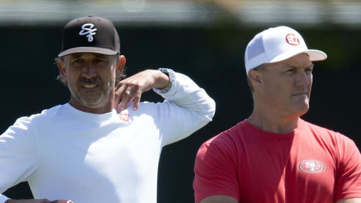 San Francisco 49ers head coach Kyle Shanahan (left) and general manager John Lynch (right)