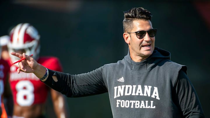 Indiana University Quarterbacks Coach Tino Sunseri instucts players during fall practice at the Mellencamp Pavilion at Indiana University on Tuesday, Aug. 6, 2024.
