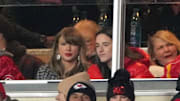 Taylor Swift sits with Indiana Fever guard Caitlin Clark during the 2025 AFC divisional game between the Kansas City Chiefs and Houston Texans 