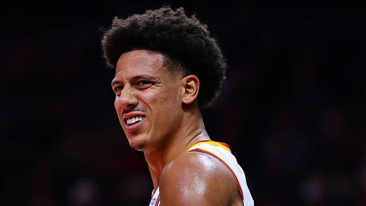 Atlanta Hawks forward Jalen Johnson (1) reacts against the Houston Rockets at State Farm Arena on Oct. 24, 2026.