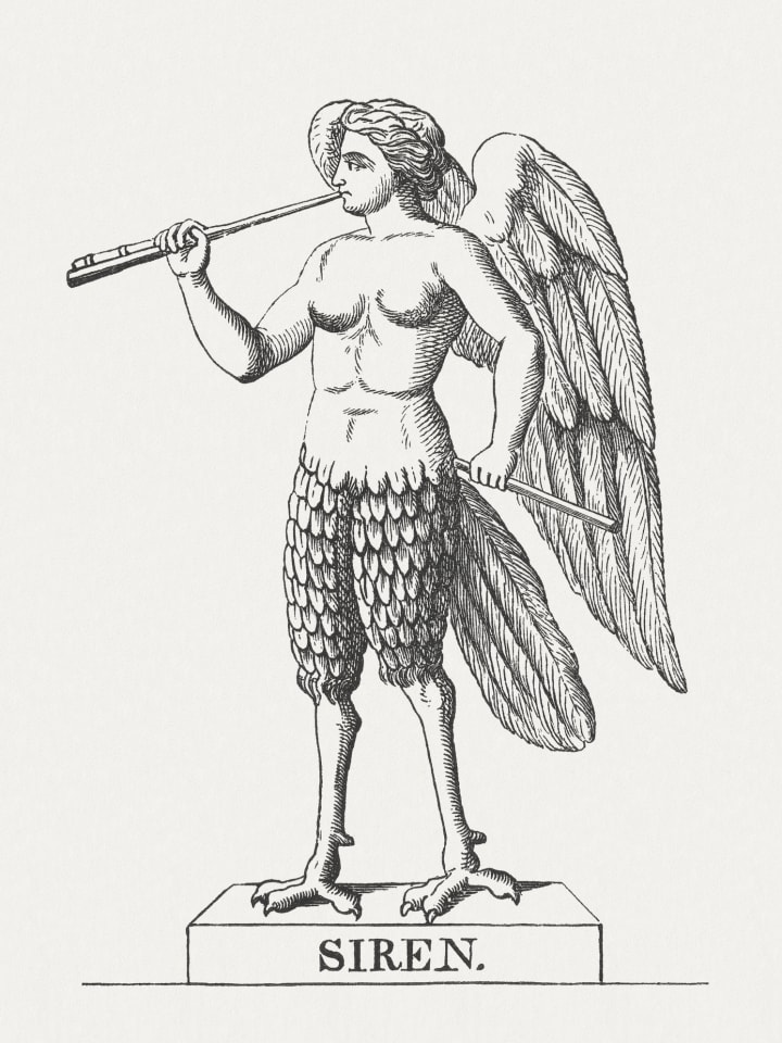 Illustration of a siren, a half-person, half-bird creature