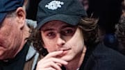 December 9, 2023; Las Vegas, Nevada, USA; American-French actor Timothee Chalamet during the third quarter of the in-season tournament championship between the Los Angeles Lakers and the Indiana Pacers at T-Mobile Arena. Mandatory Credit: Kyle Terada-Imagn Images