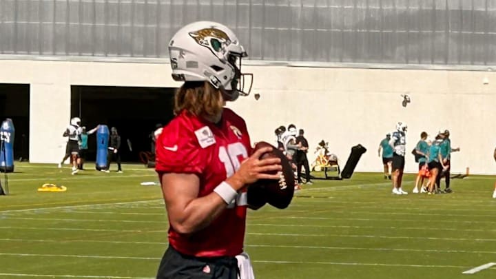 Jacksonville Jaguars quarterbacks Trevor Lawrence throws a pass during practice on Nov. 7 at the Miller Electric Center. Lawrence threw sparingly and was held out of several drills during the time period in which the media is allowed to observe practice.