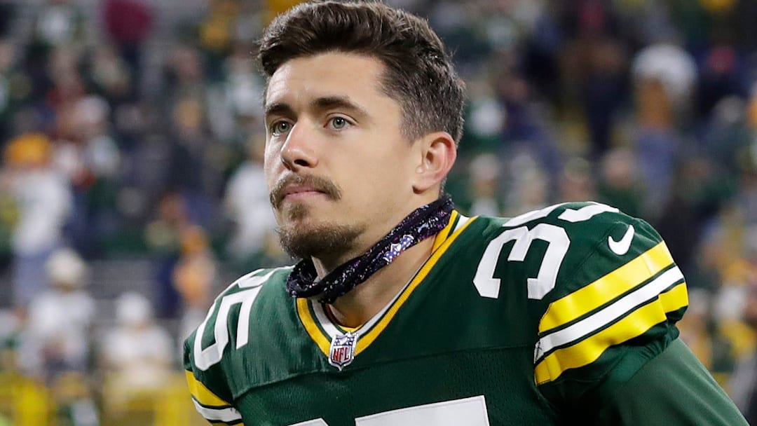 Green Bay Packers kicker Lucas Havrisik (35) runs off the field after a game against the Cincinnati Bengals on Oct. 12, 2025, at Lambeau Field in Green Bay, Wis. The Packers defeated the Bengals 27-18.