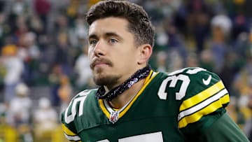 Green Bay Packers kicker Lucas Havrisik (35) runs off the field after a game against the Cincinnati Bengals on Oct. 12, 2025, at Lambeau Field in Green Bay, Wis. The Packers defeated the Bengals 27-18.