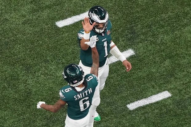 Former Alabama Crimson Tide quarterback Jalen Hurts of the Philadelphia Eagles in Super Bowl LIX.  
