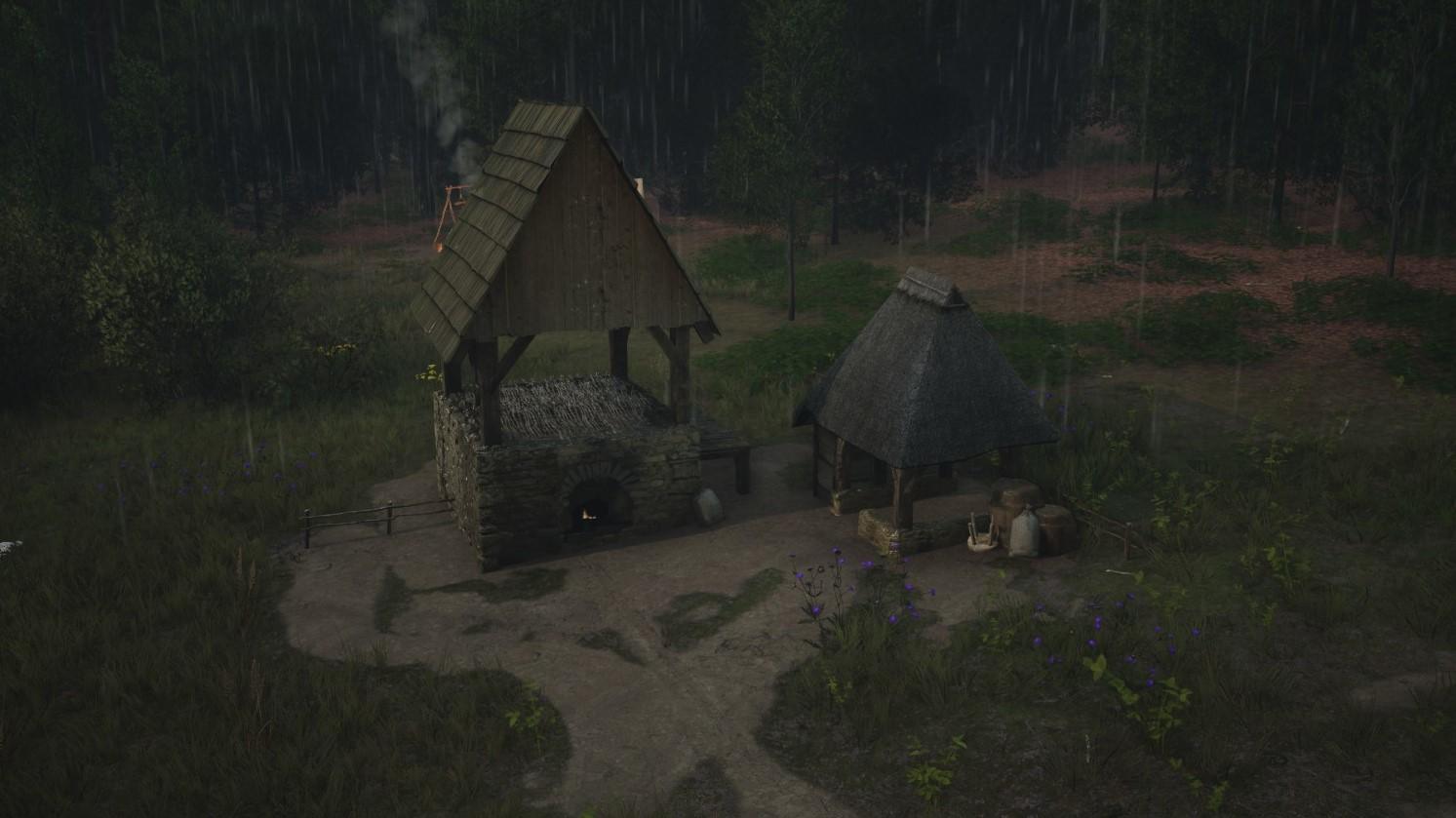 Manor Lords screenshot showing a Malthouse in the rain.