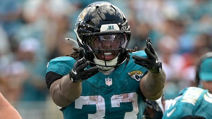 Sep 13, 2026; Jacksonville, Florida, USA;  Jacksonville Jaguars running back Bhayshul Tuten (33) reacts after a play in the second quarter against the Cleveland Browns at EverBank Stadium.  Mandatory Credit: Melina Myers-Imagn Images