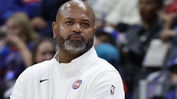 Oct 26, 2025; Detroit, Michigan, USA; Detroit Pistons head coach J.B. Bickerstaff looks on in the first half against the Boston Celtics at Little Caesars Arena.