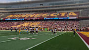 Drake Lindsey getting reps in with the wide receivers at Gophers' fall camp.