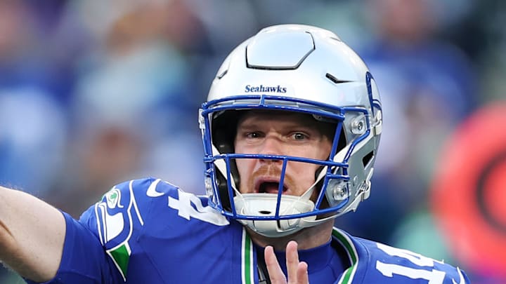 Seattle Seahawks quarterback Sam Darnold throws a pass