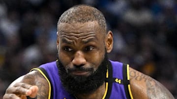 LeBron James in action during the game between the Dallas Mavericks and the Los Angeles Lakers.