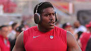 Aug 25, 2023; Santa Clara, California, USA; San Francisco 49ers defensive end Drake Jackson (95) before the game against the Los Angeles Chargers at Levi's Stadium. Mandatory Credit: Sergio Estrada-Imagn Images