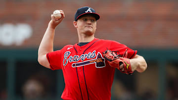 Jun 30, 2023; Atlanta, Georgia, USA; Former Atlanta Braves starting pitcher Michael Soroka (40) throws against the Miami Marlins in the first inning at Truist Park. 