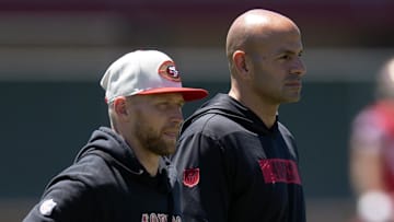 May 9, 2025; Santa Clara, CA, USA; San Francisco 49ers defensive coordinator Robert Saleh, right, watches the action during the teamís rookie minicamp. Mandatory Credit: D. Ross Cameron-Imagn Images