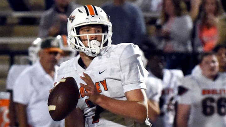 Mosley High School quarterback Sam Freitas looks for an open receiver during a district game against Niceville High School on Thursday, Oct. 27, 2022.

Niceville Mosley Football 5469