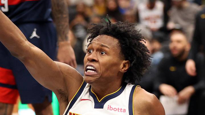 Jan 22, 2026; Washington, District of Columbia, USA; Denver Nuggets guard Peyton Watson (8) reacts to a call during the second half against the Washington Wizards at Capital One Arena. Mandatory Credit: Daniel Kucin Jr.-Imagn Images