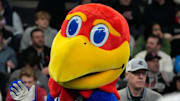 The Kansas Jayhawk mascot.