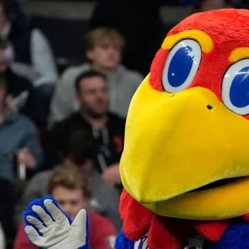 The Kansas Jayhawk mascot.