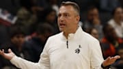 Toronto Raptors head coach Darko Rajakovic gestures after a foul call during the game against the Washington Wizards.