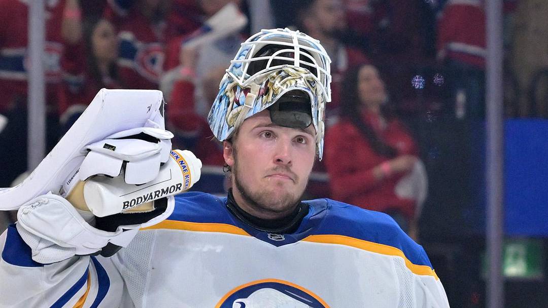 May 12, 2026; Montreal, Quebec, CAN; Buffalo Sabres goalie Ukko-Pekka Luukkonen (1) reacts after the goal scored by Montreal Canadiens forward Cole Caufield (13) (not pictured) during the first period in game four of the second round of the 2026 Stanley Cup Playoffs at Bell Centre. Mandatory Credit: Eric Bolte-Imagn Images