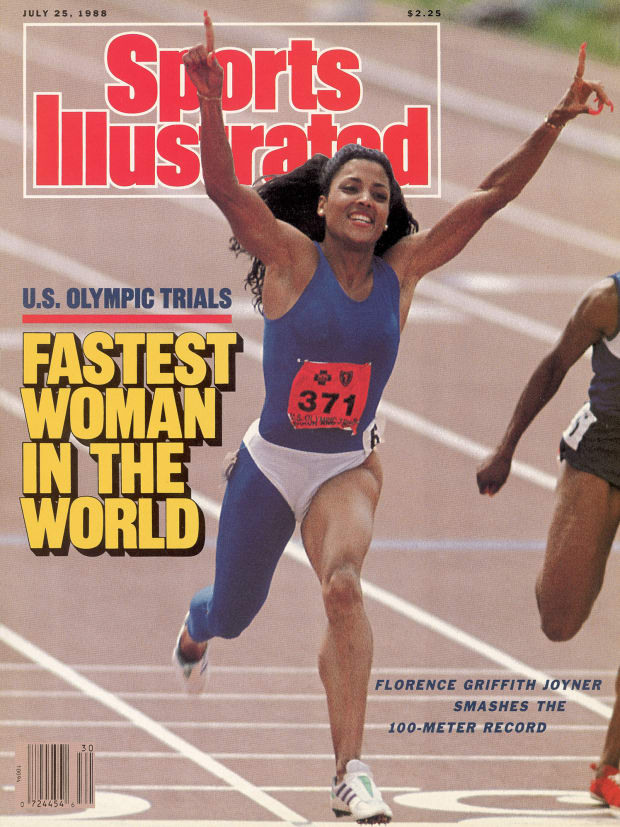 Sports Illustrated cover that reads "Fastest Woman in the World," as Florence Griffith Joyner sets 100-meter record. 