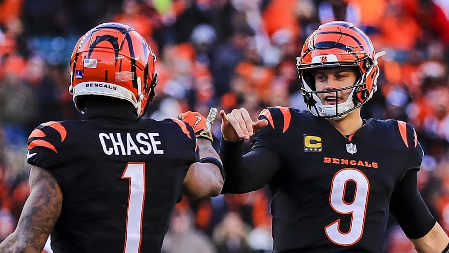 Dec 22, 2024; Cincinnati, Ohio, USA; Cincinnati Bengals wide receiver Ja'Marr Chase (1) reacts with quarterback Joe Burrow (9) after scoring a touchdown in the second half against the Cleveland Browns at Paycor Stadium. Mandatory Credit: Katie Stratman-Imagn Images | Katie Stratman-Imagn Images