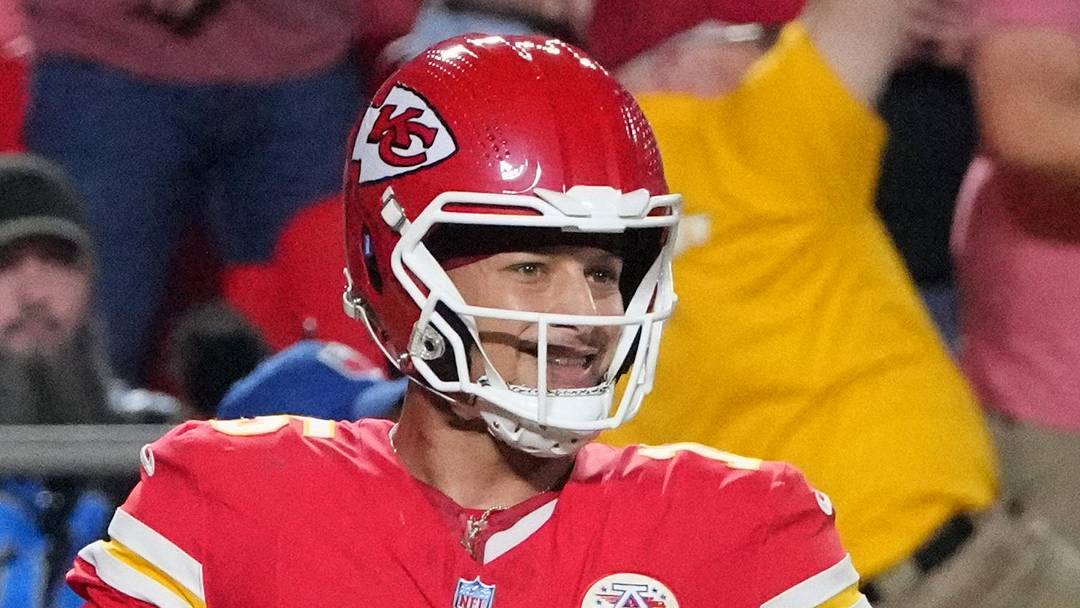 Oct 12, 2025; Kansas City, Missouri, USA; Kansas City Chiefs quarterback Patrick Mahomes (15) reacts after a touchdown against the Detroit Lions during the first half at GEHA Field at Arrowhead Stadium. Mandatory Credit: Denny Medley-Imagn Images