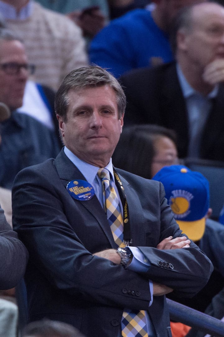 Rick Welts during the third quarter against the Dallas Mavericks at Oracle Arena. The Warriors defeated the Mavericks 128-114