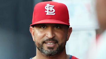 Aug 22, 2025; St. Petersburg, Florida, USA; St. Louis Cardinals manager Oliver Marmol (37) look on in the dugout against the Tampa Bay Rays at George M. Steinbrenner Field. Mandatory Credit: Kim Klement Neitzel-Imagn Images